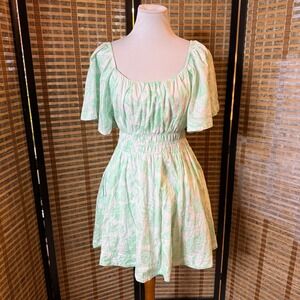Cake For Dinner Mini Dress Womens Medium Green Floral Smocked Waist Pockets